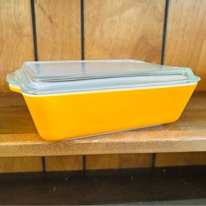 PYREX Vtg Orange Rectangle 0503 1.5 QT Daisy Citrus Refrigerator Dish Ribbed LID